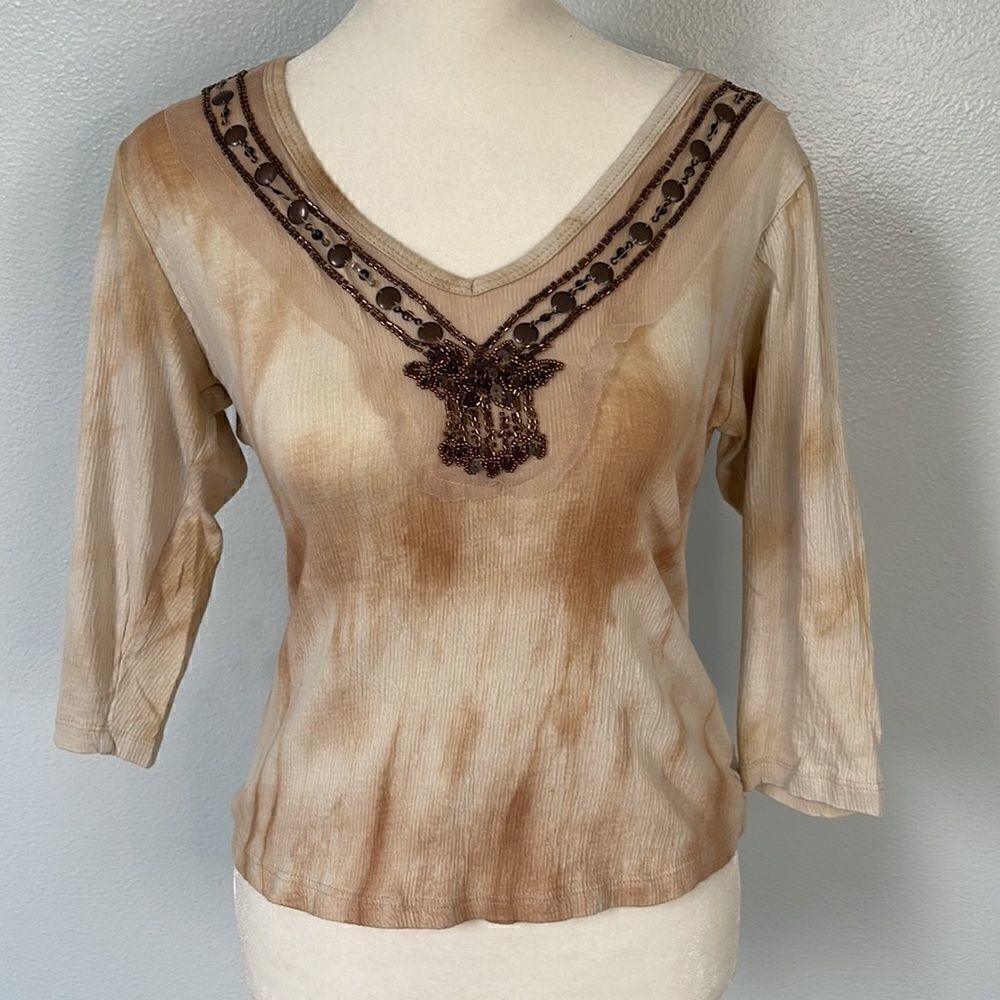 Tryst mid length beaded shirt.  Tan tie dye. Size Small.